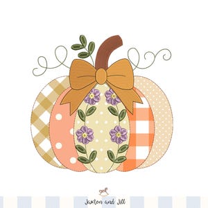 May include: A decorative pumpkin design with a brown stem, a tan bow, and floral accents. The pumpkin is composed of various patterns, including polka dots, gingham, and floral designs, in shades of orange, peach, and tan. The design is set against a white background.
