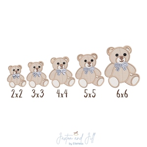 May include: Embroidered teddy bear designs in various sizes, from 5.08cm x 5.08cm to 15.24cm x 15.24cm. Each bear is tan with a blue bow. The image includes the text "Jaxton and Jill by ElleHess".