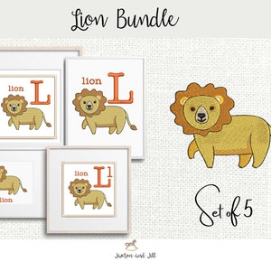 Paquete de bordado de máquina de animales de león, Carta de bordado para niños, Bordado para niños, Patrones de bordado de zoológico