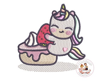 May include: A cute cartoon unicorn with a rainbow mane and tail is holding a strawberry shortcake. The unicorn has a pink heart on its chest and is smiling. The shortcake is decorated with whipped cream and a strawberry.