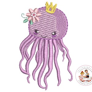 May include: A purple embroidered jellyfish with a pink flower and a gold crown. The jellyfish has a smiling face and 8 tentacles.