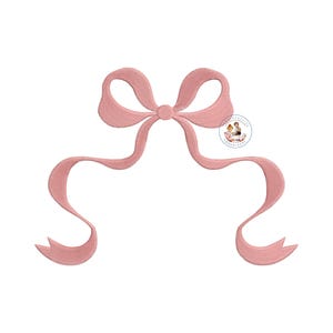 May include: A pink satin bow with long tails. The bow is tied in a knot and the tails are flowing.