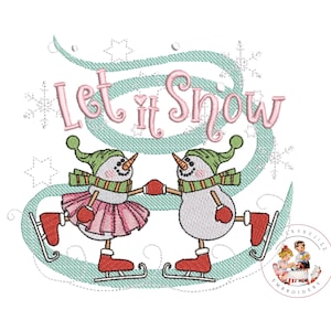 May include: Embroidered design featuring two snowmen ice skating with the text "Let it Snow" in pink lettering. The snowmen are wearing green hats and scarves, and the design is set against a swirling blue background.