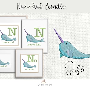 Paquete de bordado de máquina de animales narval, Carta de bordado para niños, Bordado para niños, Patrones de bordado de zoológico