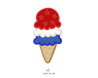 May include: A patriotic ice cream cone design with red, white, and blue scoops. The top scoop is red with white star accents, the middle is white, and the bottom is blue. The cone is tan with a crosshatch pattern.