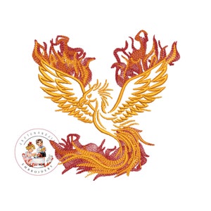 Phoenix rising flames machine embroidery design, fiery phoenix, colorful bird machine embroidery, flaming bird embroidery file