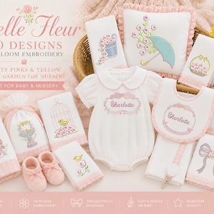 May include: A collection of white baby apparel and accessories featuring pink and yellow floral embroidery, including a romper, bib, booties, and various linens with designs of birds, bunnies, and bows, all labeled with the name Charlotte.