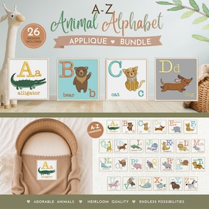 May include: An A-Z Animal Alphabet applique bundle featuring 26 designs. The image displays square cards with letters and corresponding animal illustrations, including an alligator, bear, cat, and dog, plus a full set of alphabet patches.