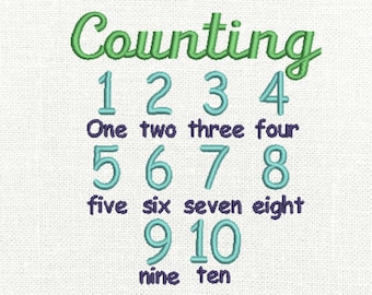 May include: A colorful chart with the word "Counting" in green cursive lettering. The numbers 1 through 10 are displayed in blue with the corresponding word spelled out below each number.