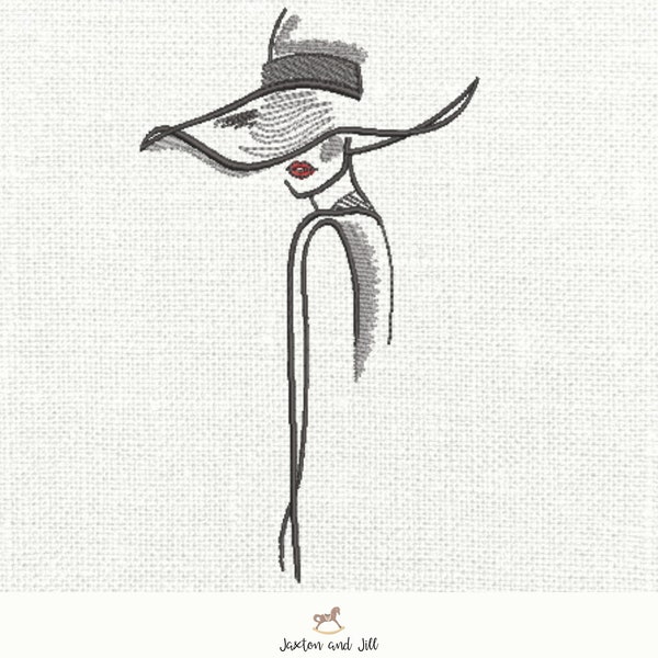 Lady with stylish hat machine embroidery -Beautiful Women fashion outline embroidery pattern,  - instant download