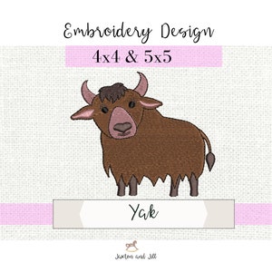 May include: Embroidery design of a brown yak with a pink background. The design is available in 4x4 and 5x5 sizes. The text "Yak" is below the image. The text "Jexton and Jill" is below the text "Yak".