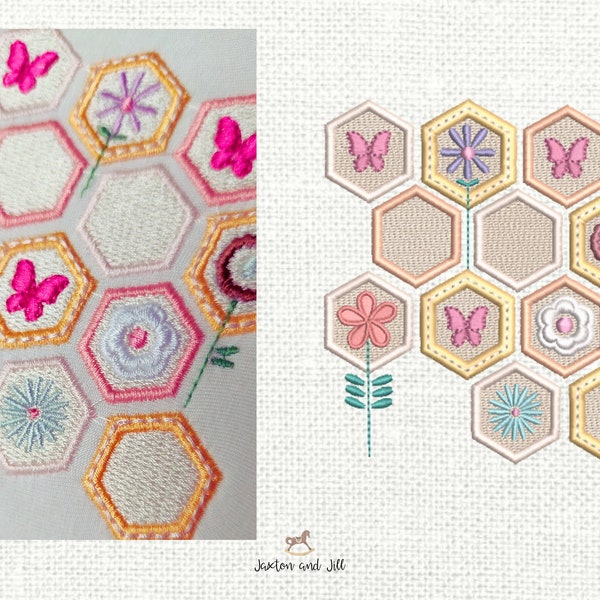 Honeycomb Machine Embroidery Pattern File, Floral Bee honeycomb hive embroidery Instant Download File