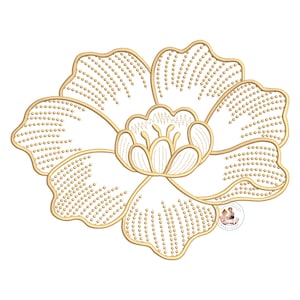 May include: A gold-colored floral design with a detailed center and petals made of small dots.
