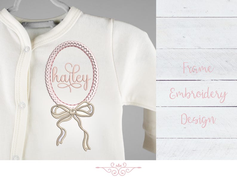 May include: A white baby onesie with a pink and white embroidered frame with the name "hailey" inside. The frame is decorated with a bow.