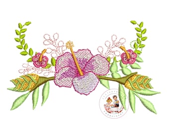 ハイビスカスの花の刺繍デザイン：トロピカルフラワースプレー（5x5）