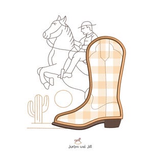 May include: An embroidered design featuring a cowboy riding a horse, a cactus, and a plaid cowboy boot. The boot is tan and white, with a brown border. The design is on a white background.