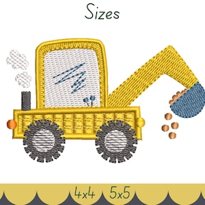 May include: An embroidered yellow construction excavator design with a white cab, grey wheels, and a blue bucket dumping brown material. The word Sizes is printed at the top, and the numbers 4x4 and 5x5 are printed at the bottom of the image.