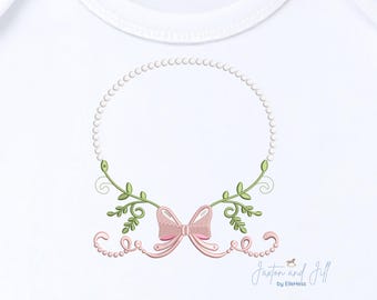 Floral Bow Monogram Embroidery Design, Delicate Girl Frame for Nursery, Heirloom Style Instant Download