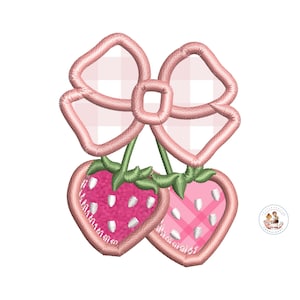 May include: Pink and green embroidered design of two strawberries with a pink gingham bow on top.