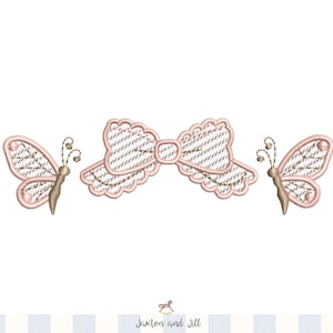 May include: Embroidered design featuring a pink bow and two butterflies. The bow is in the center, with a butterfly on each side. The butterflies and bow have a detailed, textured appearance, with a light brown outline and pink fill.