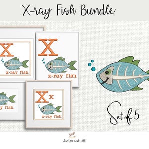 Pacote de bordado de máquina de animais de peixe de raio X, carta de bordado infantil, bordado infantil, padrões de bordado de zoológico