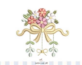 Broderidesign med blommig kokett, rosett- och vintagesömmönster, broderi för baby- och boutiqueartiklar,