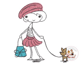 May include: A line drawing of a girl wearing a pink beret and a pink skirt, holding a blue bag and walking a brown dog on a leash.