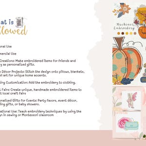 May include: A graphic showing what is allowed for use of a digital embroidery design. The graphic includes a list of uses, such as personal use, commercial use, gift creations, home decor projects, clothing customization, craft fairs, personalized gifts for events, and educational use. The graphic also includes a colorful illustration of a pumpkin, a witch, and a book.