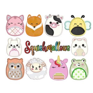 May include: A set of 10 colorful embroidered iron-on patches featuring various cute animal characters. The patches are shaped like squished marshmallows and have the word "Squishmallows" written in rainbow letters below them.
