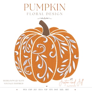 Floral Fall Pumpkin embroidery file, machine embroidery sketch pumpkin, halloween pumpkin, autumn embroidery, jack-o-lantern design