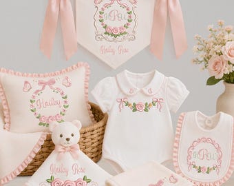 Floral Embroidery Frame Bundle, Flower Embroidery Designs, Rose Oval Wreath, Bow Frame Embroidery File, Nursery Monogram Border