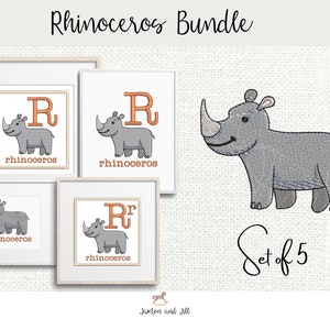 Pacote de bordado de máquina animal rinoceronte, carta de bordado infantil, bordado infantil, padrões de bordado de zoológico