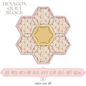 Hexagon Quilt Block Embroidery Design, Floral Applique Pattern for Quilting, Instant Download File