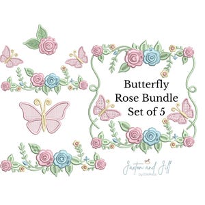 Paquete de bordado de rosas y mariposas, marco floral vintage, diseño de bordado para habitación de bebé, rosas y mariposas románticas