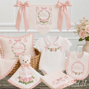 Rose Bow Embroidery Frame Bundle, Baby Nursery Monogram Designs, 4x4 and 5x5 Hoop Sizes