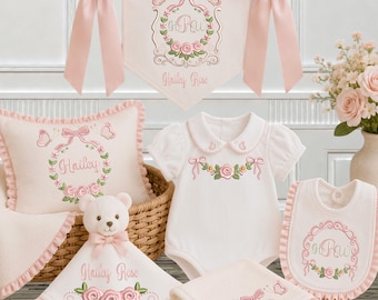 Rose Bow Embroidery Frame Bundle, Baby Nursery Monogram Designs, 4x4 and 5x5 Hoop Sizes