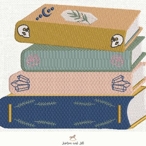 May include: A stack of four books with different coloured covers. The top book is yellow with a crescent moon and stars, the second book is green with a pink circle, the third book is pink with a crystal design, and the bottom book is blue with a gold spine and a leafy design.