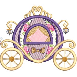 プリンセス馬車のアップリケ機械刺繍デザイン、ディズニープリンセス、シンデレラ馬車、プリンセスパンプキン、子供、赤ちゃん、5x5、6x6、5x7