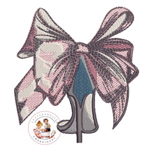 May include: A pink and gray bow with a blue and gray high heel shoe in the center. The bow is tied around the shoe and the ends of the bow are hanging down. The shoe has a pointed toe and a high heel.