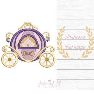 May include: An embroidery design featuring a purple and gold carriage with a bow detail, alongside the text Princess Carriage framed by a gold laurel wreath. Below, the text Jaxton and Jill by EllieHess appears on a white wood background.
