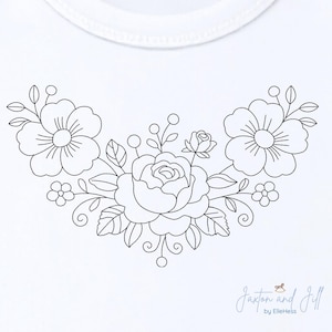 May include: White onesie with a black floral design. The design features a large rose in the center, surrounded by other flowers, leaves, and small buds. The text "Jaxton and Jill by ElleHess" is at the bottom.