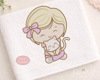 Disegno da ricamo di una ragazza che abbraccia un gatto, file per macchina da cucire per la cameretta dei bambini (download digitale)