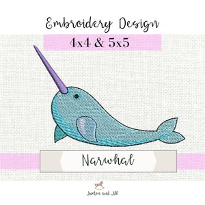 May include: An embroidered design of a narwhal in shades of blue with a purple horn. The design includes the text "Embroidery Design 4x4 & 5x5" at the top and "Narwhal" at the bottom. The design is on a textured, off-white background.
