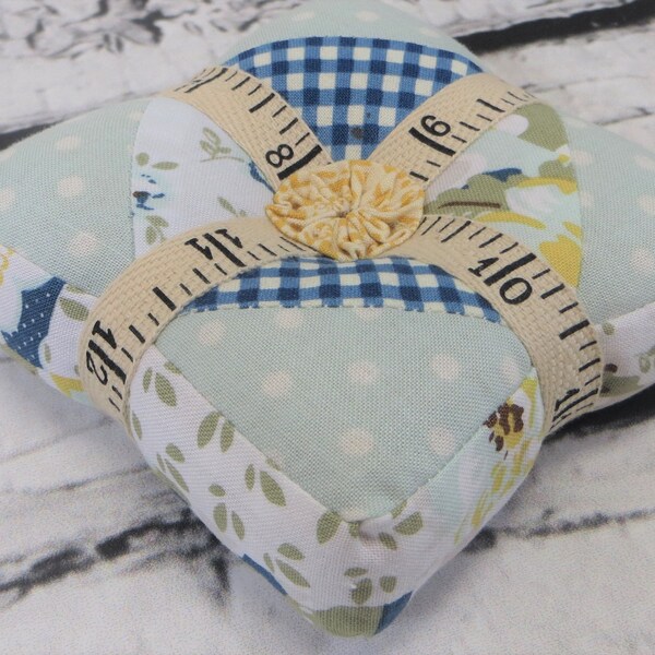 Pincushion handmade pieced quilted square pin cushion sewing notion ground walnut shells quilting notion ready to ship navy aqua olive