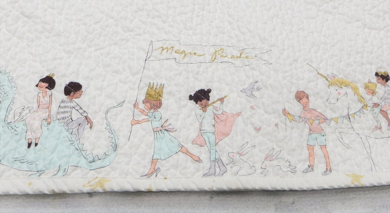 Baby quilts handmade faux chenille baby blanket bordered unicorn crib quilt gender neutral magic parade sarah jane gold pink blue white gray