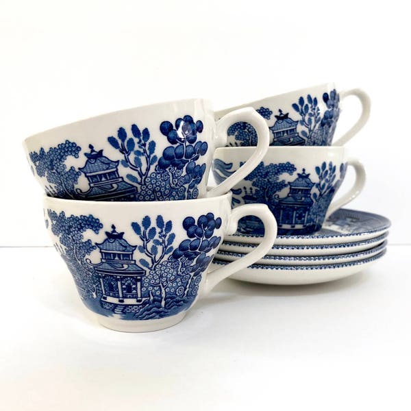 Churchill (England) 'Willow' 4 x teacups and saucers (c. 1989)
