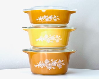 PYREX (USA) 'Butterfly Gold' #470 Round Casseroles | Models #471, #472 & #473 (set x3)