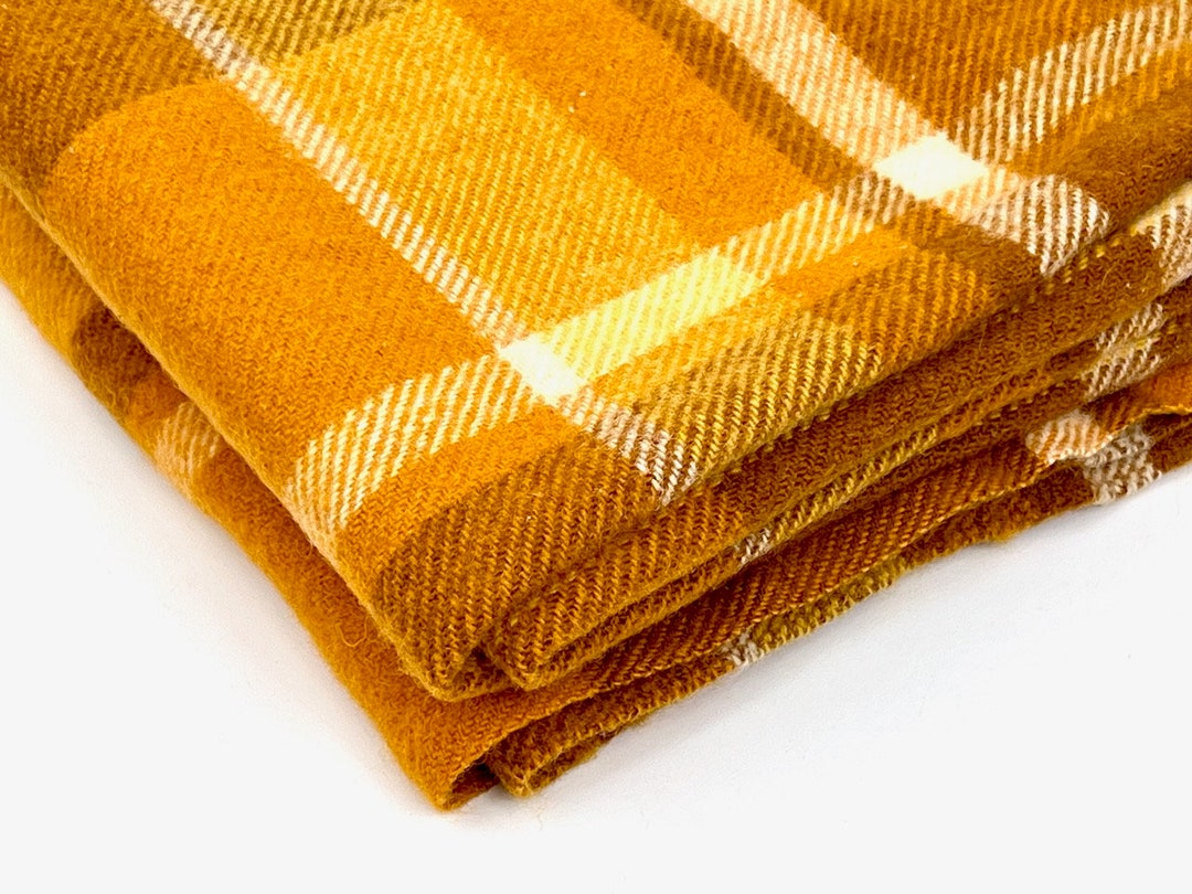 Vintage Plaid Australian Wool Blanket Burnt Orange, Caramel, Pale
