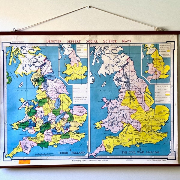 Vintage Pull-Down Educational School Map - Tudor England & The Civil War 1642-49 | Published by Denoyer Geppert Co | Circa 1970s