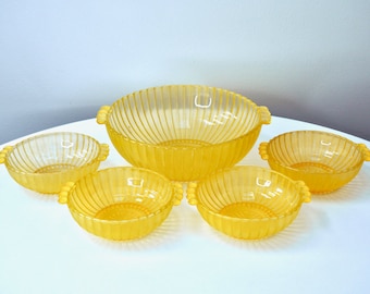 Crown Crystal Glass (Australia) 'Circlet' in Yellow, Bowl Set - Serving Bowl plus x4 Individual Bowls